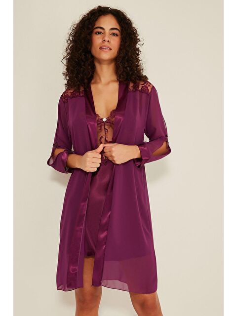 C&City 047 Kadın Saten Gecelik Sabahlık Takım Mor - S000222954-20042