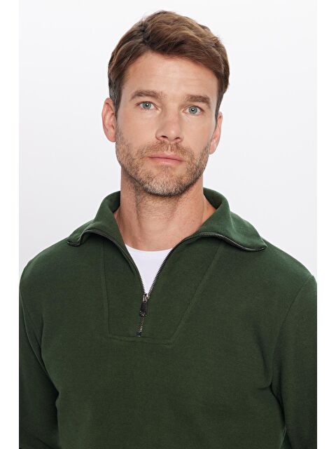 TUDORS Unisex Relax Fit Rahat Kesim Fitilli Desenli Pamuklu Yarım Fermuarlı Yeşil Dik Yaka Sweatshirt - S000314827-18194