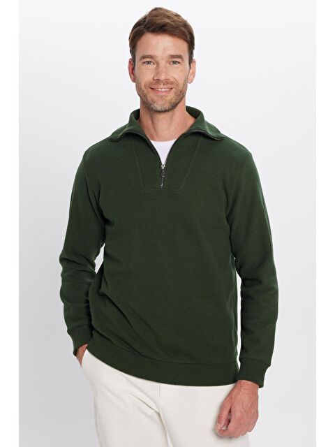 TUDORS Unisex Relax Fit Rahat Kesim Fitilli Desenli Pamuklu Yarım Fermuarlı Yeşil Dik Yaka Sweatshirt - S000314827-18194