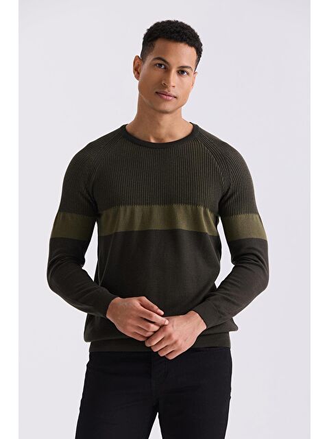 JAKAMEN Haki Slim Fit Bisiklet Yaka Çizgi Desenli Triko Kazak - S000495743-18547