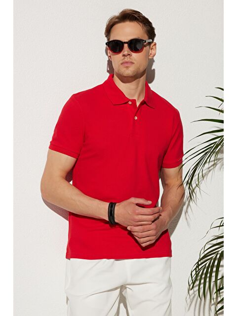TUDORS Erkek Slim Fit Dar Kesim %100 Pamuk Kırmızı Polo Yaka Tişört