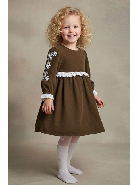Mnk Baby & Kids Fisto Detaylı Kollar Nakışlı Otantik Kız Çocuk Elbise M00795 - S000509469-18547