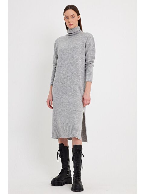 Sherin Gri Yırtmaç Detaylı Balıkçı Yaka Triko Elbise - S000022334-20600