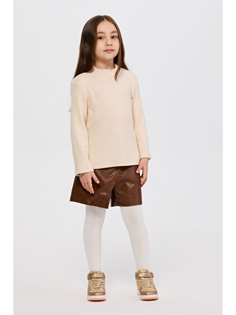 Panço Kız Çocuk Balıkçı Yaka Yumuşak Dokulu Uzun Kollu Bej Tişört - S000470856-19928