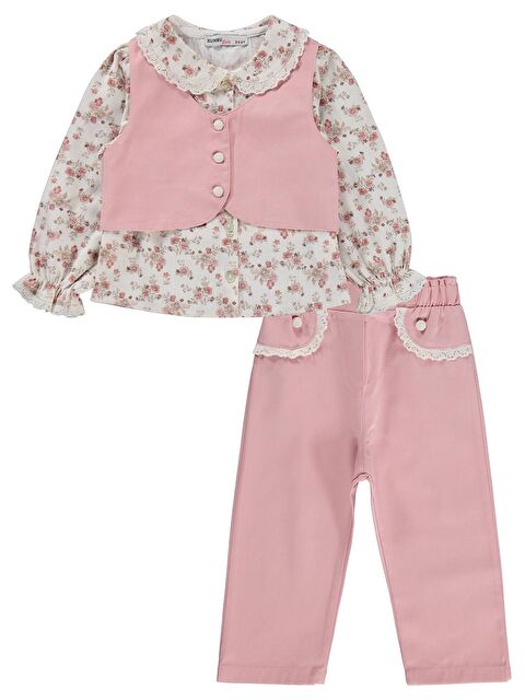 Kumru Civil Girls Yelek Pantolon Çiçekli Gömlek 3 Lü 2-5 Yaş Takım - Pembe 4-5 Yaş - S000512282-20024