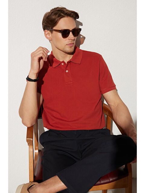 TUDORS Erkek Slim Fit Dar Kesim %100 Pamuk Kiremit Polo Yaka Tişört