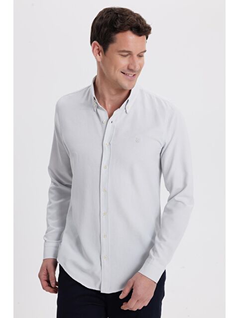 TUDORS Erkek Slim Fit Dar Kesim Düz Oxford Armalı Düğmeli Yaka Gri Spor Gömlek - S000519856-20600