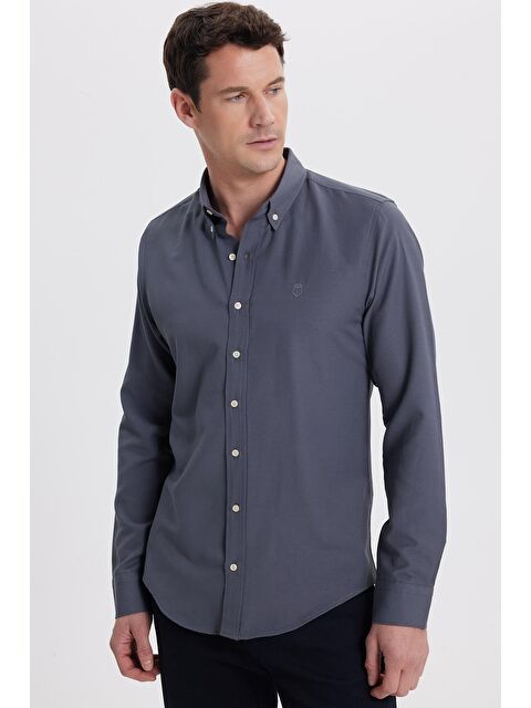 TUDORS Erkek Slim Fit Dar Kesim Düz Oxford Armalı Düğmeli Yaka  Antrasit Spor Gömlek - S000519857-29666