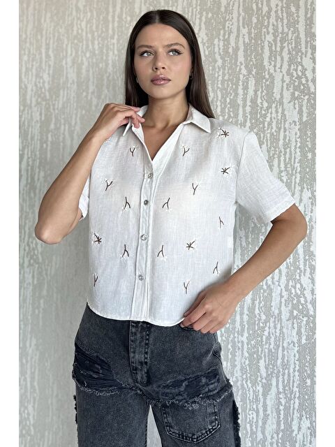 Gülseli Kadın Nakışlı Keten Gömlek - S000412600-25636