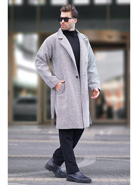 Madmext Beyaz Kruvaze Yaka Desenli Kaşe Kaban 7250 - S000244951-20063