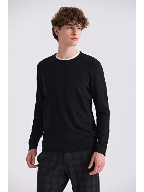 JAKAMEN Siyah Slim Fit Bisiklet Yaka Desenli Triko Kazak - S000495746-19351