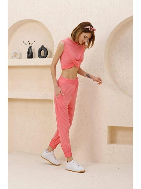 Hazelin Kadın Somon Önü Düğümlü Alt-Üst İkili Şalvar Takım - S000122905-24085