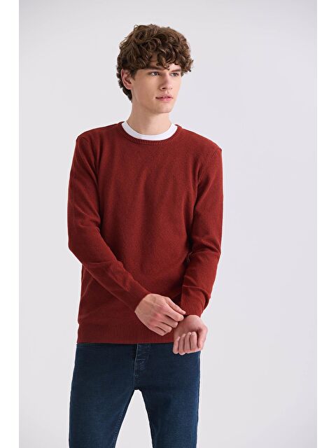 JAKAMEN Kiremit Slim Fit Bisiklet Yaka Desenli Triko Kazak - S000495746-18657