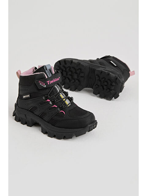 TONNY BLACK Çocuk Unisex Siyah Pudra Kalın Kauçuk Taban Lastik Bağcıklı Cırtlı Outdoor Trekking Bot - S000493930-37443