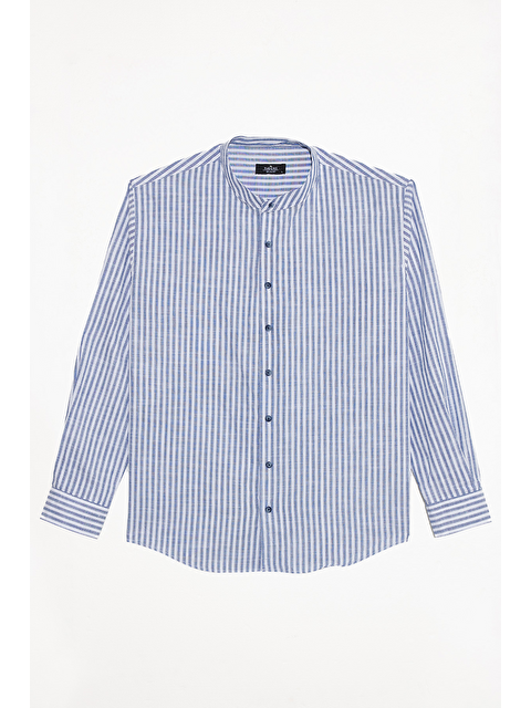 TUDORS Erkek Relax Fit Rahat Kesim %100 Pamuk Çizgili Uzun Kollu Keten Efektli Hakim Yaka Lacivert Gömlek - S000531987-21164