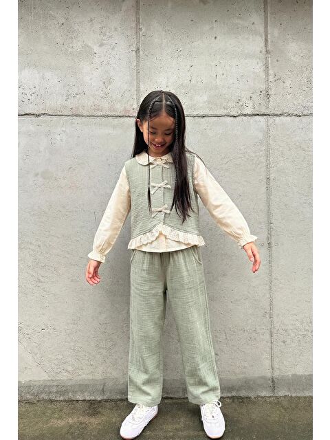 Magu Kız Çocuk Pamuklu Mint Yelekli Gömlek Ve Pantolon 3'Lü Takım - Dantel Detaylı Şıklık - S000518490-18194