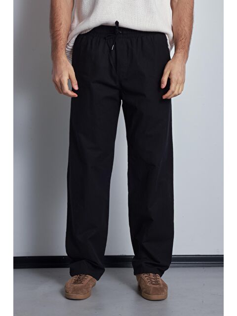 Abluka Online Erkek Keten Görünümlü Beli Lastikli Baggy Pantolon Siyah - S000447981-19351
