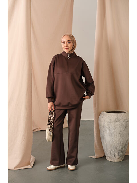 Locco Moda Kadın Yarım Fermuarlı Takım Kahverengi - S000449604-19413