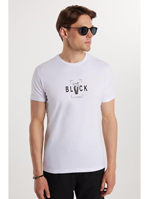 TUDORS Erkek Slim Fit Dar Kesim %100 Pamuk Yumuşak Dokulu Baskılı Beyaz Bisiklet Yaka Tişört - S000371967-20063