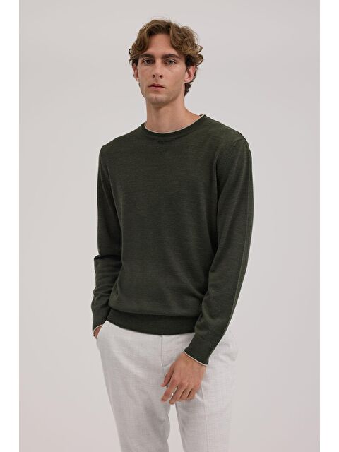 JAKAMEN Zümrüt Yeşil Slim Fit Bisiklet Yaka V Tiftikli Yünlü Triko Kazak - S000495750-18709