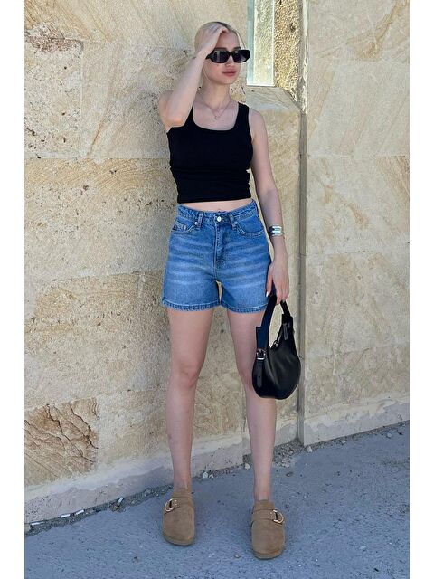 Madmext Mavi Yüksek Bel Cepli Jean Şort - S000236671-17234