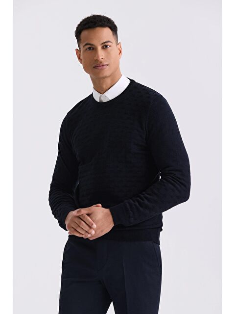 JAKAMEN Lacivert Slim Fit Bisiklet Yaka Desenli Triko Kazak - S000495751-21164