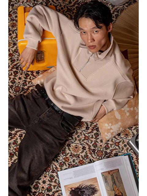 Abluka Online Erkek Oversize Dik Yaka Yarım Fermuarlı Sweatshirt Bej - S000487362-19928