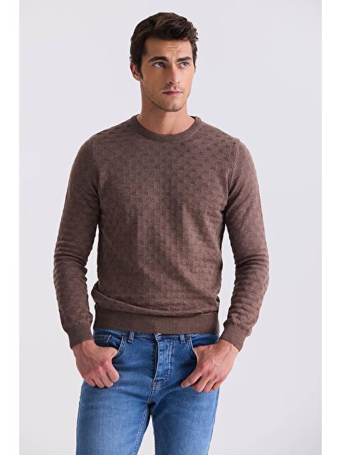 JAKAMEN Kahve Slim Fit Bisiklet Yaka Desenli Triko Kazak - S000495751-19413
