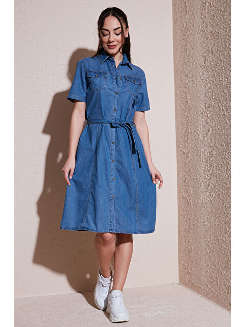 Fashion Friends % 100 Pamuk Standart Fit Kısa Kollu Mini Boy Denim Elbise 25Y0108K1 - S000396458-17234