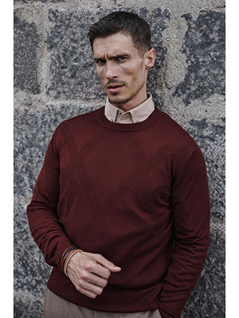 JAKAMEN Kiremit Slim Fit Desenli Bisiklet Yaka Triko - S000495752-18657