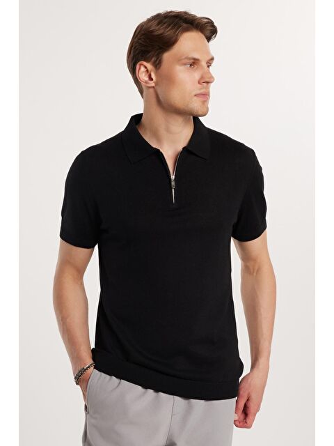 TUDORS Erkek Slim Fit Dar Kesim Pamuklu Örme Triko Fermuarlı Siyah Polo Yaka Tişört