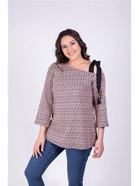 Mylinemoda Tek Omuzu Açık Şeritli Desenli Bluz - S000239785-20024