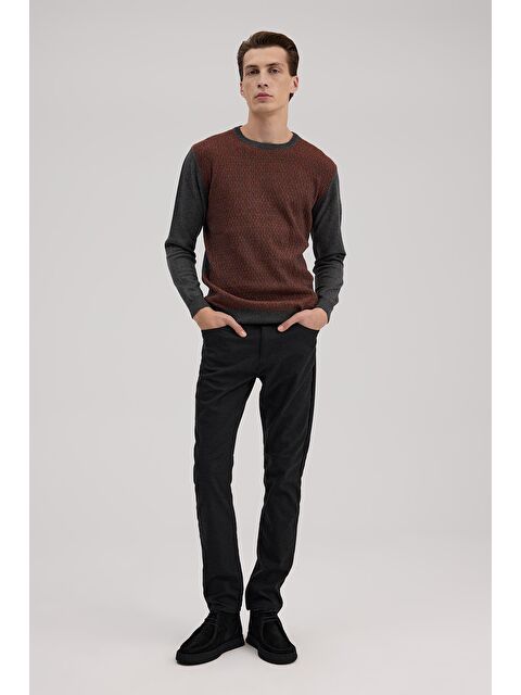 JAKAMEN Gri Tarçın Klasik Fit Bisiklet Yaka Desenli Triko - S000495753-19956