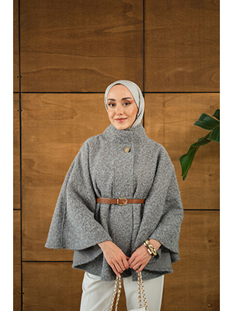 Locco Moda Kadın Kemer Detaylı Panço Gri - S000449607-20600