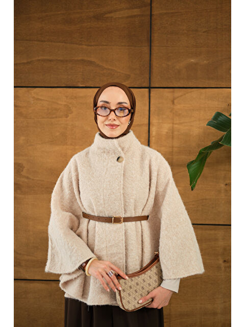 Locco Moda Kadın Kemer Detaylı Panço Krem - S000449607-19966