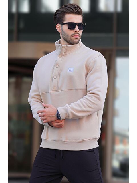 Madmext Bej Dik Yakalı Düğme Detaylı Erkek Sweatshirt 7060 - S000244953-19928