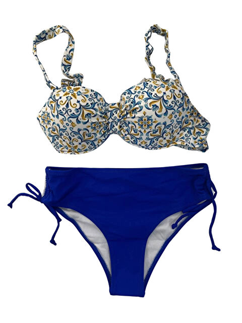 Hazelin Kadın Mavi Beyaz Desenli Taş İşlemeli Astarlı Bikini Takım HZL25S-LC3309 - S000343105-37234