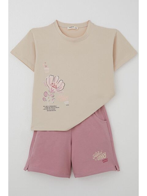 Breeze Kız Çocuk Şortlu Takım Sevgi Temalı Çiçek Baskılı Bej (6-12 Yaş) - S000401084-19928