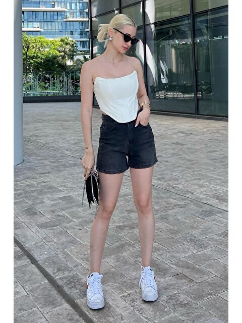 Madmext Siyah Yüksek Bel Cepli Jean Şort Mg2091 - S000236671-19351