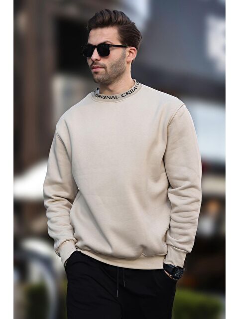 Madmext Bej Bisiklet Yaka Şardonlu Erkek Sweatshirt 7047 - S000244954-19928