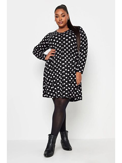 Stil Diva Büyük Beden V Yaka Uzun Kollu Puantiyeli Kısa Elbise 302738 - S000136812-19351