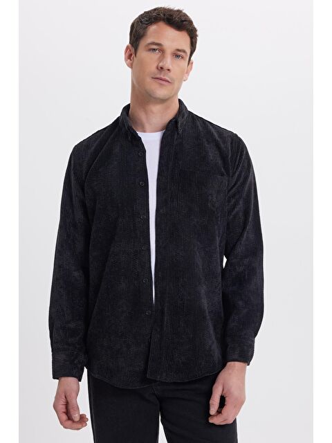TUDORS Erkek Regular Fit Rahat Kesim Fitilli Kadife Görünüm Düğmeli Yaka Siyah Ceket Gömlek - S000519861-19351