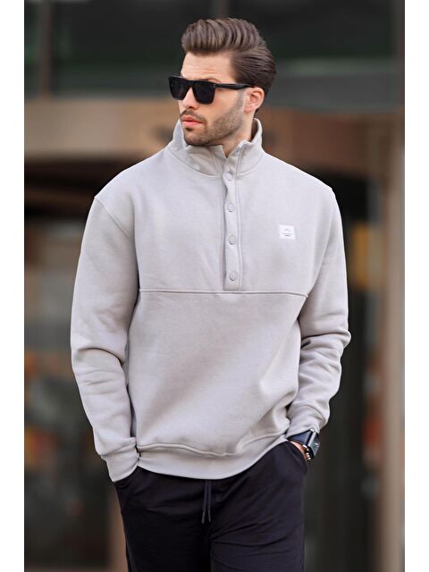 Madmext Boyalı Gri Dik Yakalı Düğme Detaylı Erkek Sweatshirt 7060 - S000244953-22875