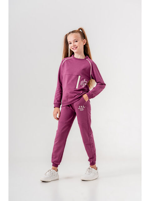 Mışıl Kids Enjoy The Now Çiçek Baskılı Garni Fermuar Detaylı Biyeli Kız Çocuk Alt-Üst Eşofman Takımı - S000281048-20036