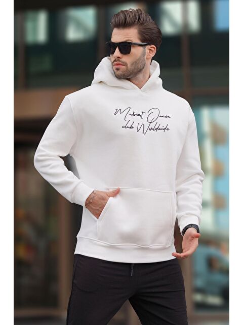 Madmext Ekru Kapüşonlu Cep Detaylı Baskılı  Erkek Hoodie 7064 - S000244955-19965