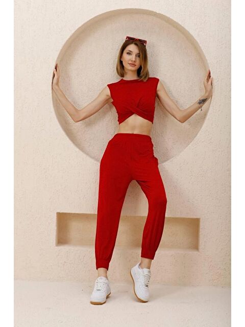 Hazelin Kadın Kırmızı Önü Düğümlü Alt-Üst İkili Şalvar Takım - S000122905-20045