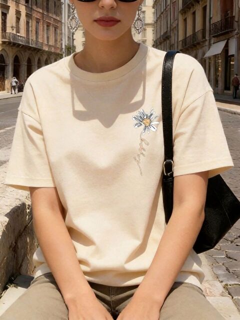 Trendseninle Kadın Bej Papatya Baskı Regular Fit Tişört