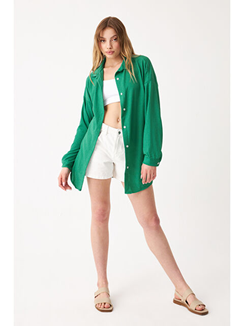 Trendseninle Kadın Yeşil Oversize Uzun Krinkıl Gömlek - S000374526-19416