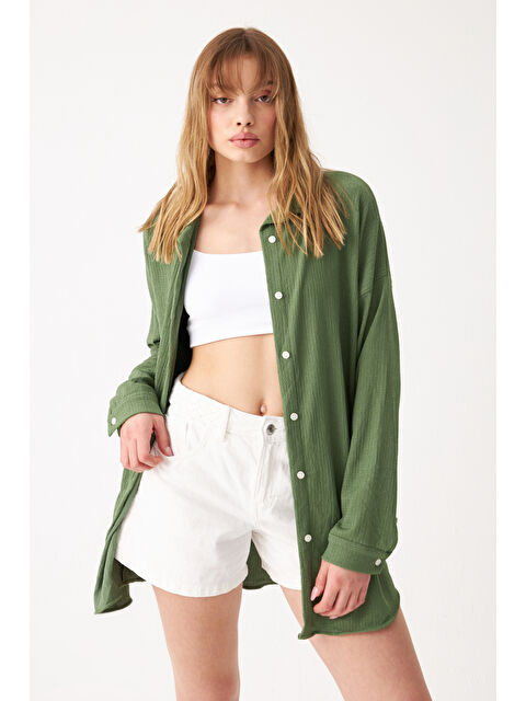 Trendseninle Kadın Haki Yeşil Uzun Krinkıl Gömlek - S000374526-18547