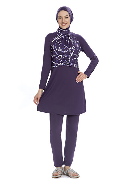 Hazelin Kadın Mor Beyaz Desenli Uzun Kollu Tam Kapalı Tesettür Mayo HZL25S-AR259/23 - S000369805-20042